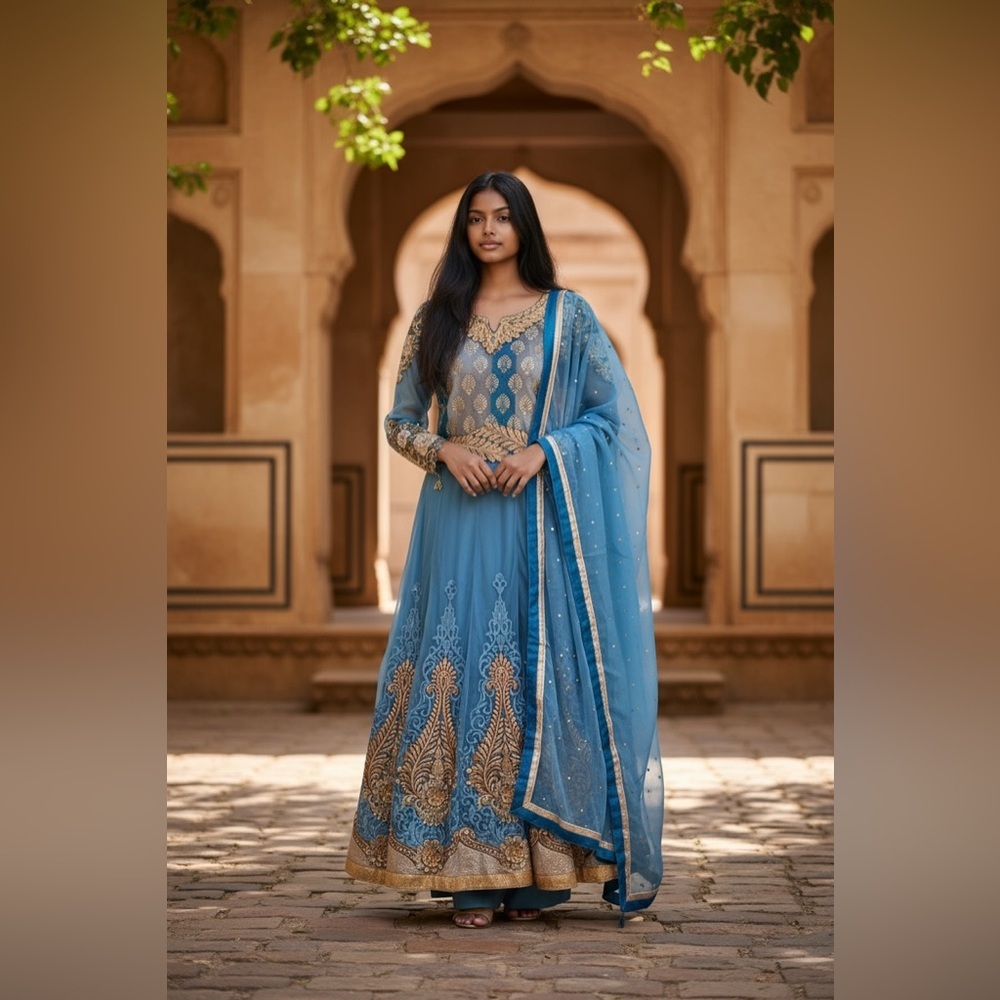 Indian Designer Light Blue Velvet Ombre & Net Anarkali - Picture 2 of 5